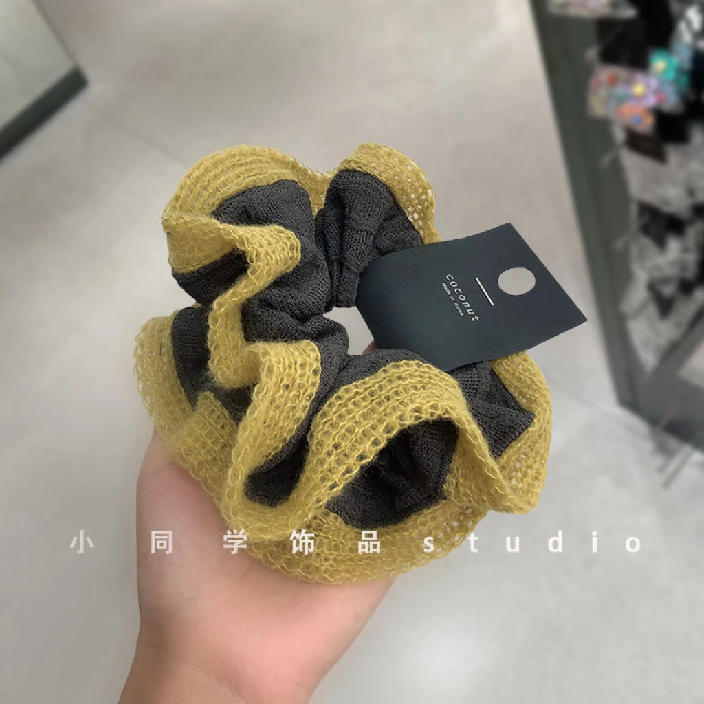 韩国原创设计饰品2025新款灰色芥末黄毛线双拼小蛮腰发圈大肠圈