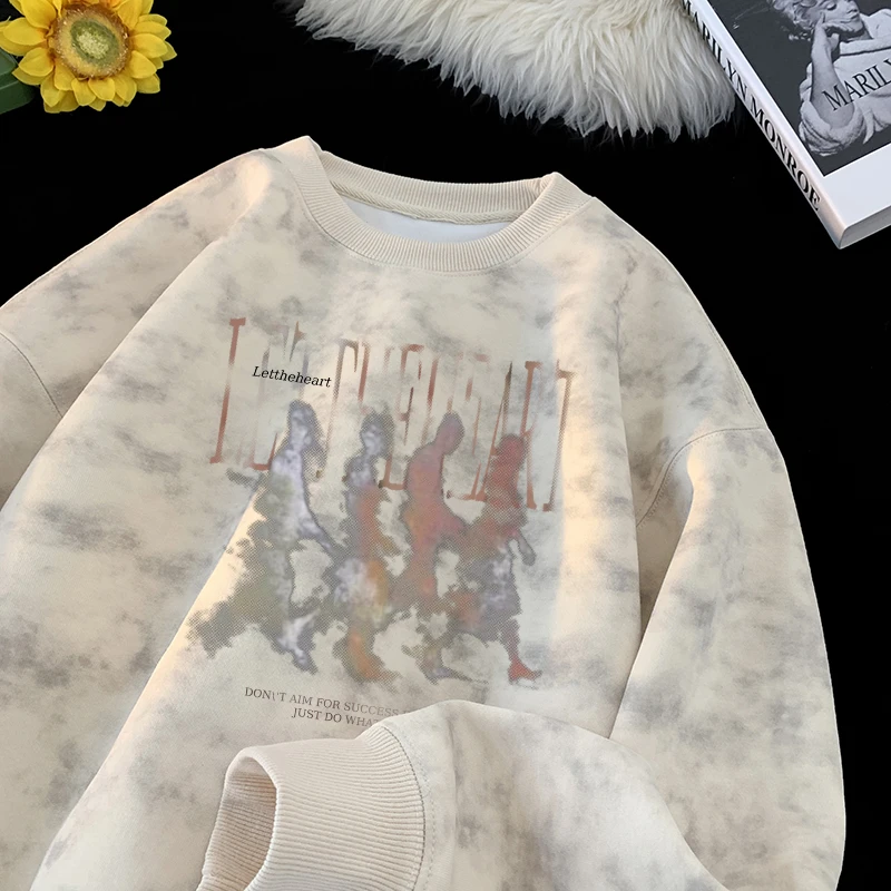 美式扎染抽象卫衣男春秋宽松青少年痞帅圆领潮牌重磅小众内搭上衣