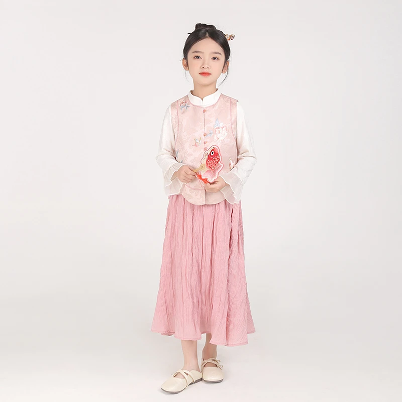 80555国风童装2025新款女童新中式汉服新年战袍唐装马甲裙子