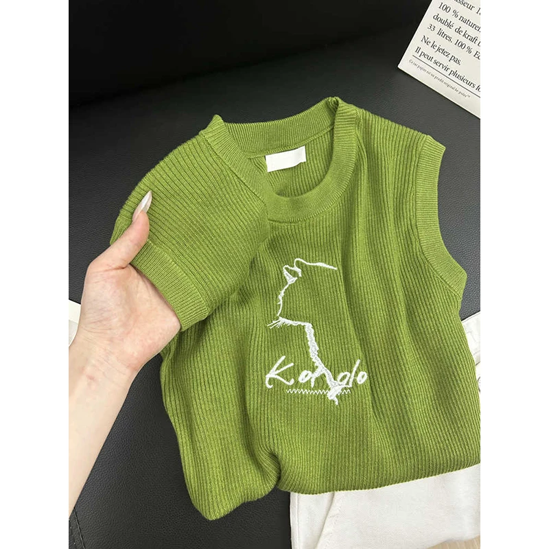 夏季外穿小猫图案设计感绿色无袖气质针织背心吊带女显白显瘦上衣