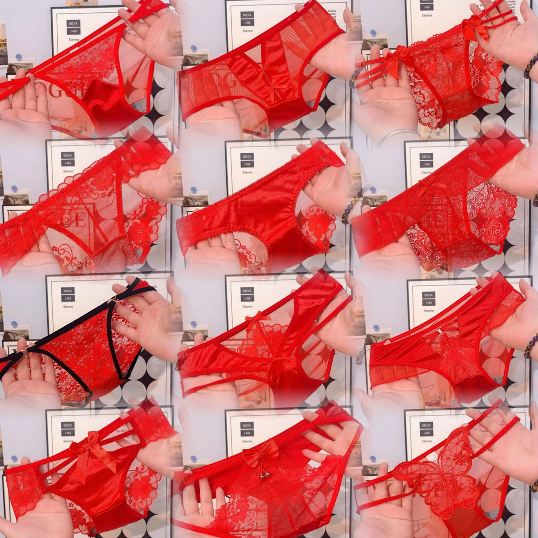 本命年红色蕾丝性感内裤女镂空面料轻薄舒适低腰女士三角裤头