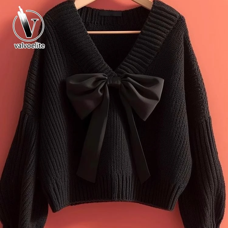 VALVOELITE黑色蝴蝶结针织毛衣慵懒高级感女女款中长慵懒针织上衣
