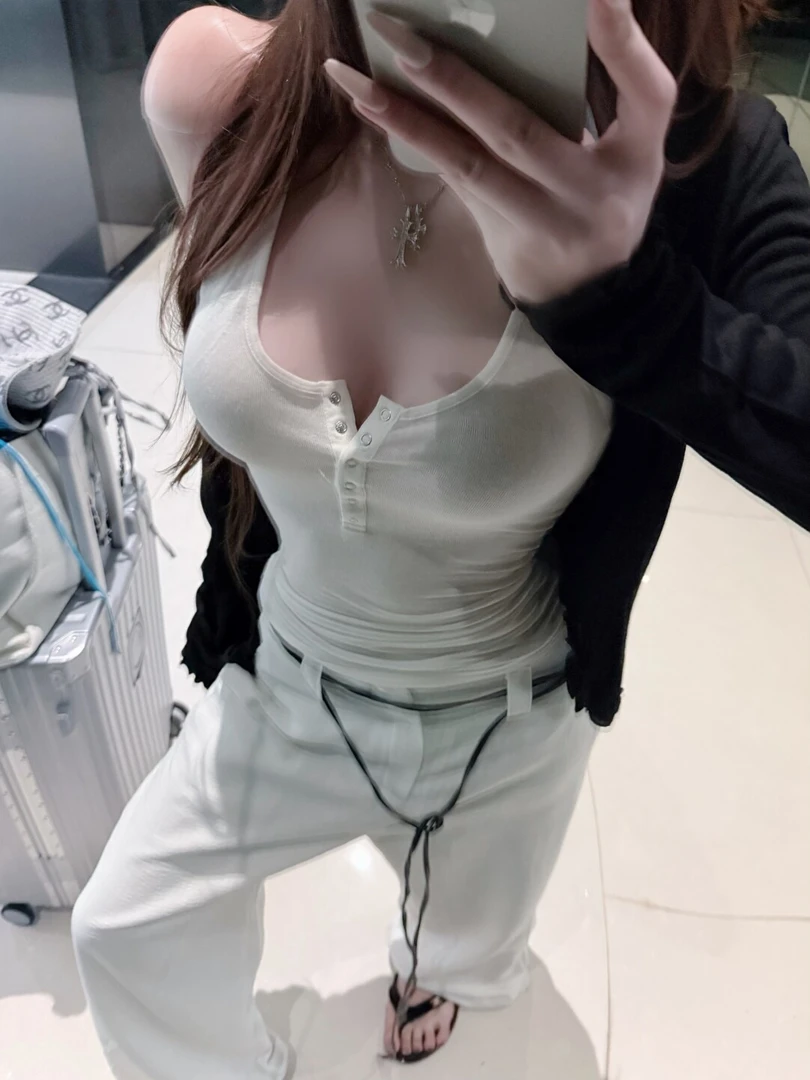 夏日两件套时髦亨利领挂脖背心吊带+白色宽松阔腿裤显瘦套装女