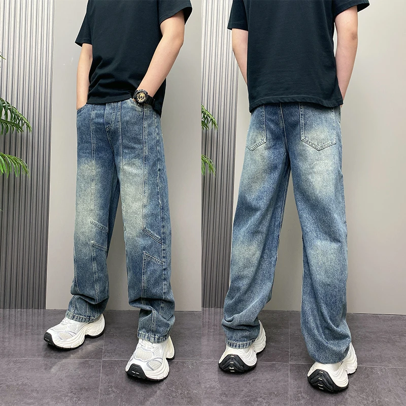 2025秋季新款青年潮流痞帅直筒裤男士时尚拼接设计感复古牛仔裤男