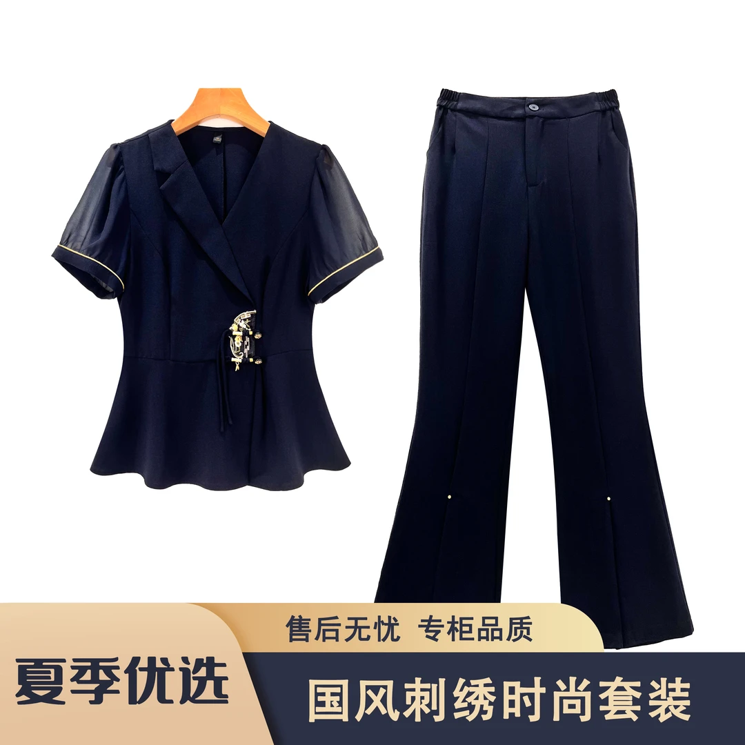 S145美BY2025夏季优雅气质国风刺绣时尚套装套裤两件套MBY48076款