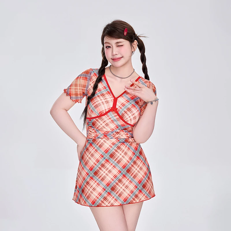Agliondy【格子红】V领短裙气质格纹收腰修身A字裙连衣裙夏季泳衣
