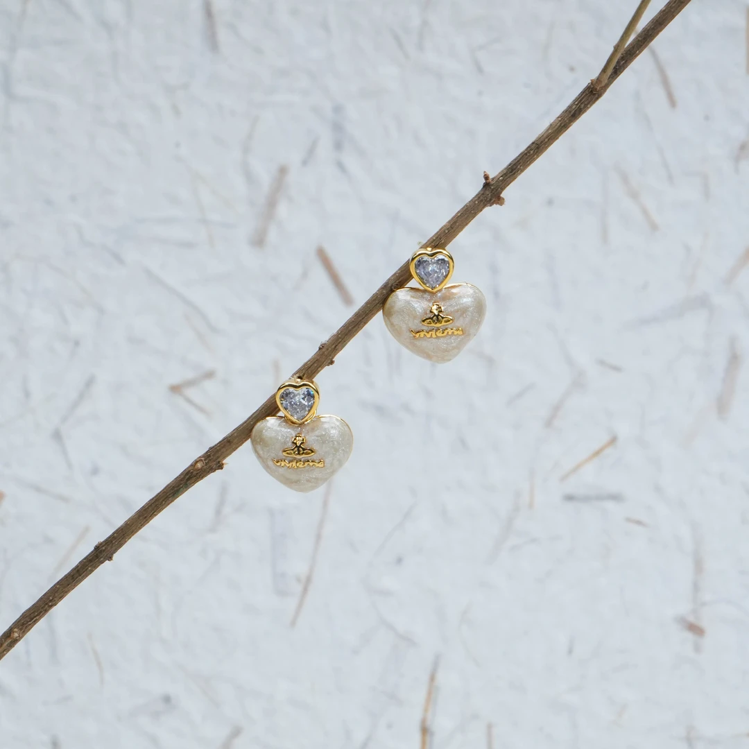 合金合成锆石耳饰 MYES-048 珠光爱心耳钉 S925银针