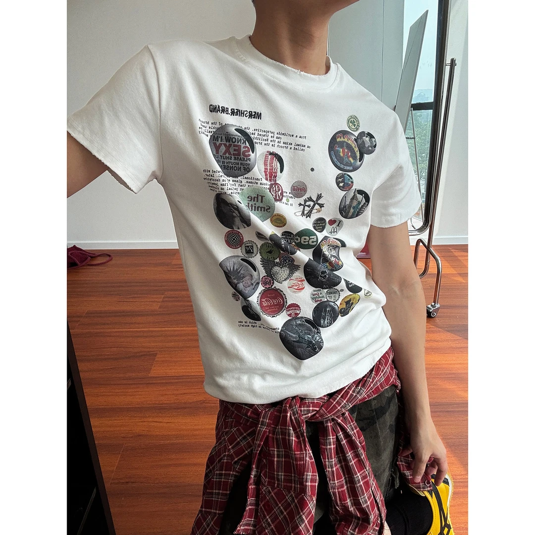 19studio WAYNEPRINCE美式复古徽章印花短袖T恤日常休闲百搭上衣