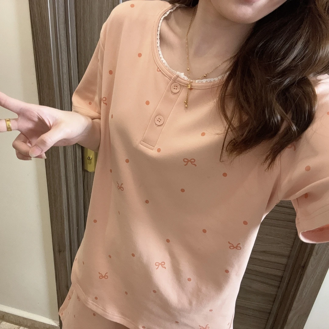 夏季女士短袖短裤纯棉家居服圆领睡衣女套装蝴蝶结带胸垫可外穿