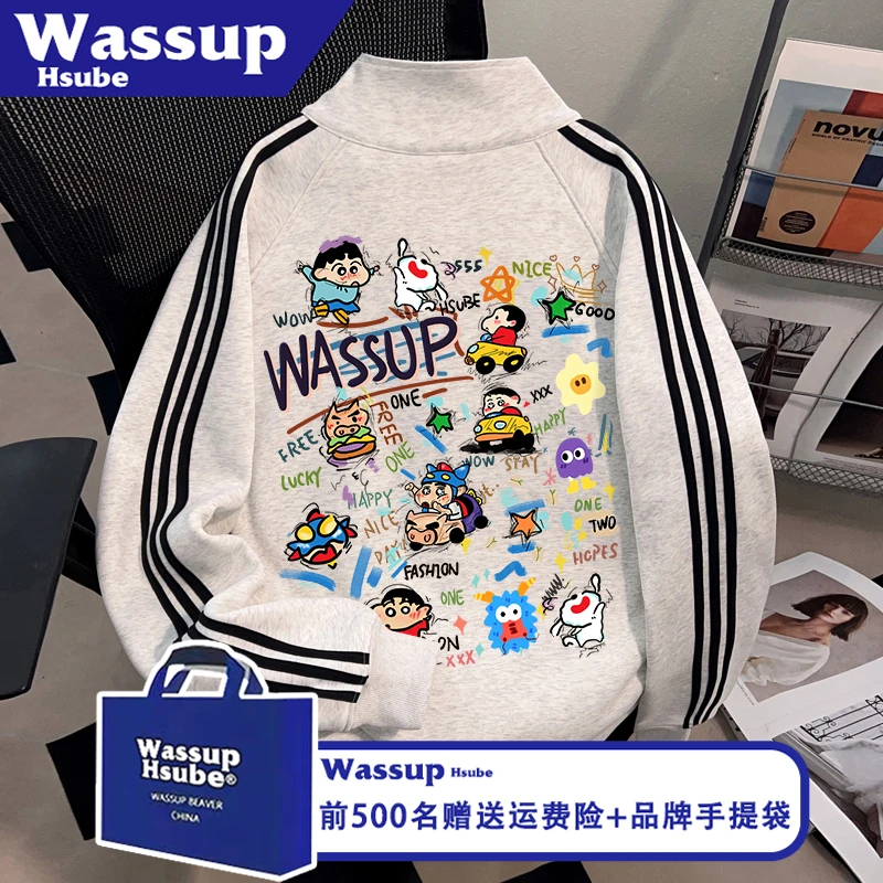 WASSUP HSUBE白灰三条杠拉链卫衣男女款卡通小新印花外套秋季开衫