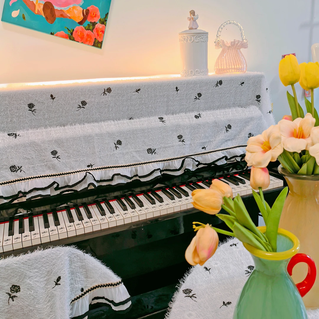 法式中古风黑色玫瑰刺绣纱钢琴罩轻奢高档防尘罩盖布电子钢琴布罩