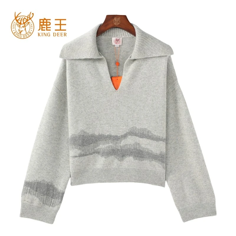 【商场同款】鹿王24新款女翻领100山羊绒提花套衫 加厚 952497020