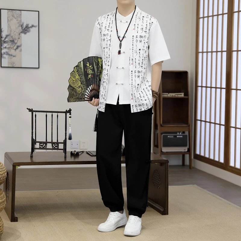 夏季新款男士中国风短袖套装国潮复古中式薄款假两件宽松休闲唐装