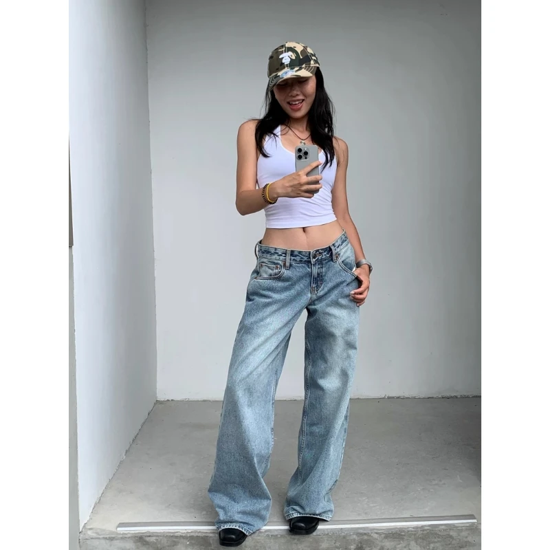 美式高街浅蓝色阔腿牛仔裤女2025秋季新款复古宽松显瘦直筒拖地裤