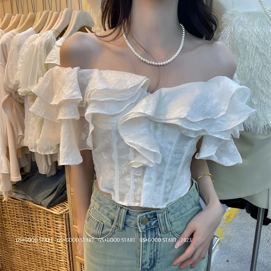 一字肩荷叶边收腰鱼骨裹胸小衫夏气质港味新款复古衬衫上衣女