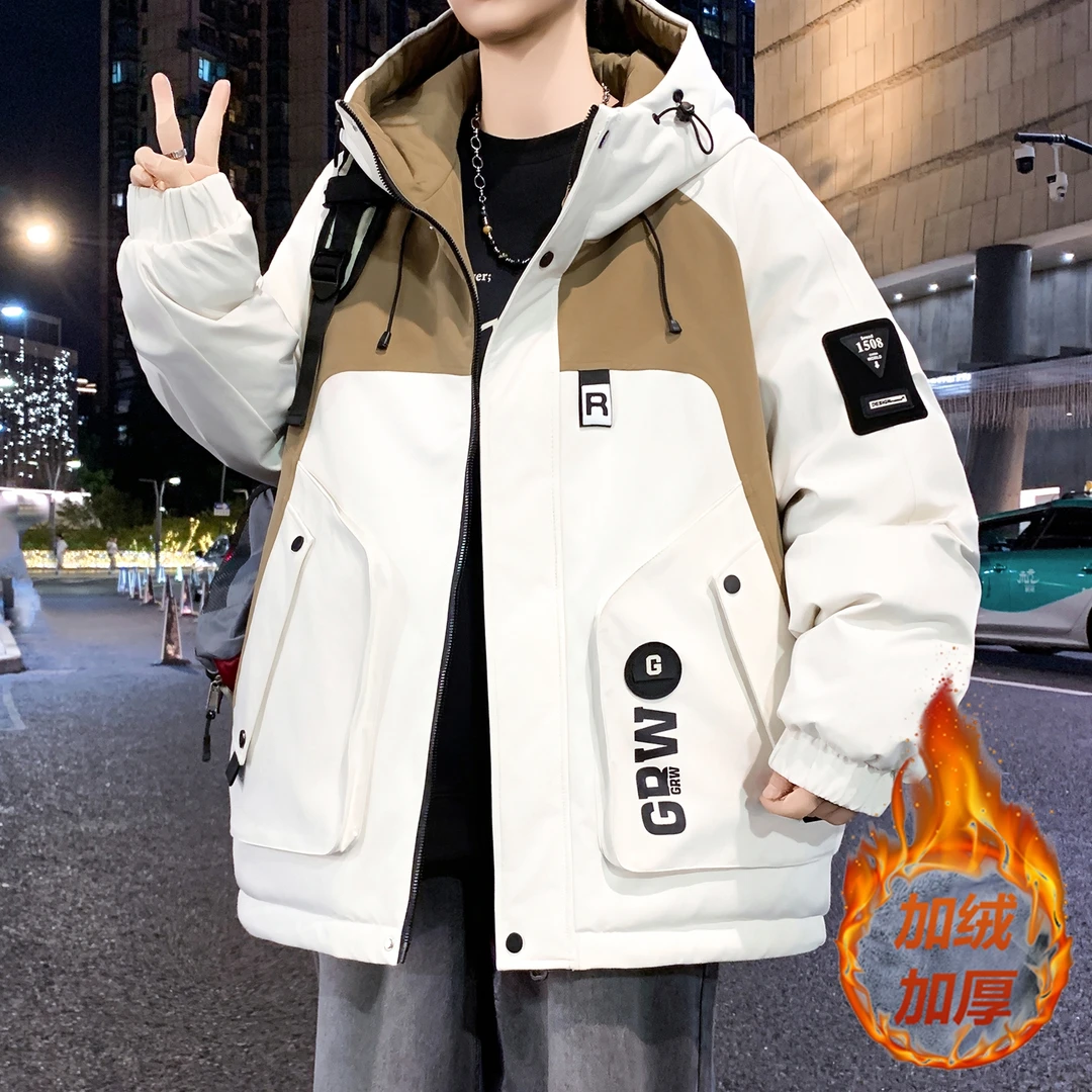 冬季青少年新款加绒连帽潮流外套宽松保暖水洗加厚活力休闲