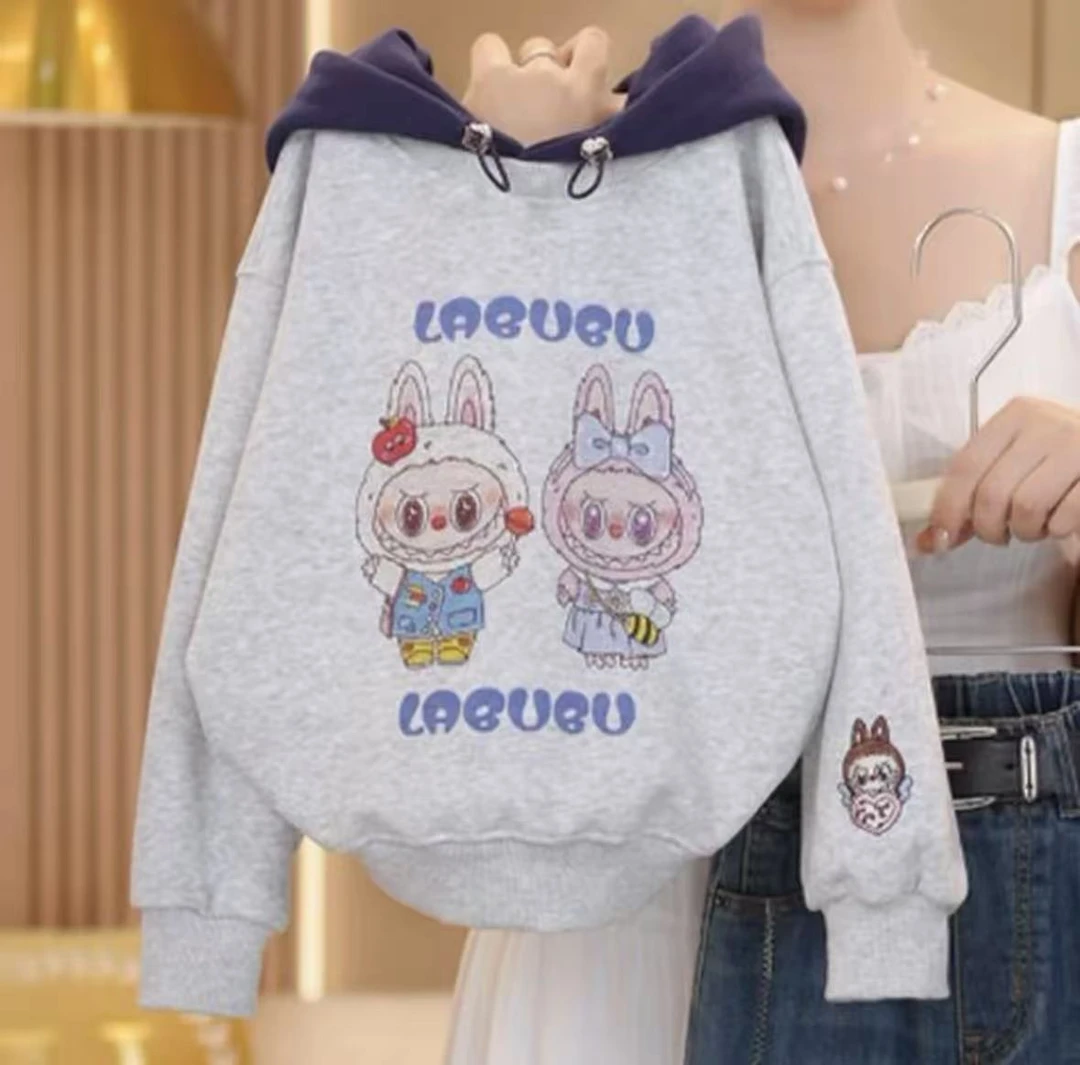 女童印花休闲拼色卫衣秋季=2025新款时尚韩系卡通连帽卫衣中大童