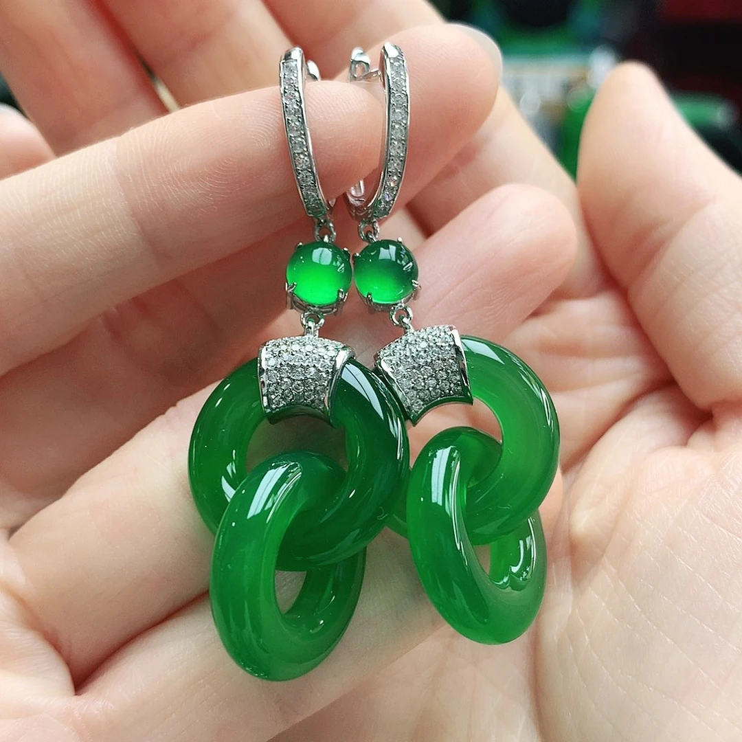 玛瑙/玉髓耳钉银S925镶嵌