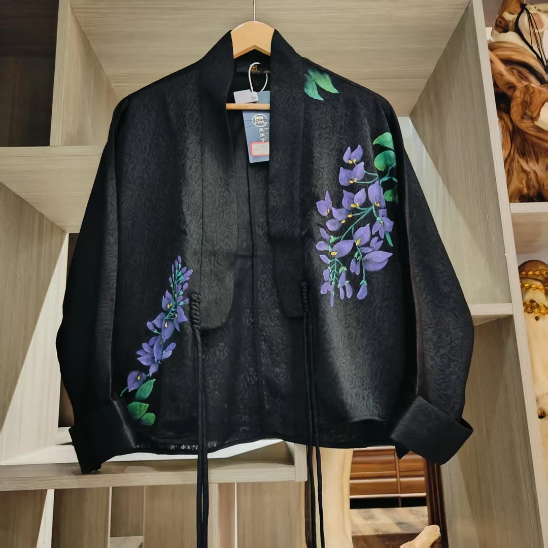 凤徕兮私人定制黑色暗纹手绘紫色花对襟短开衫( LS230-3)