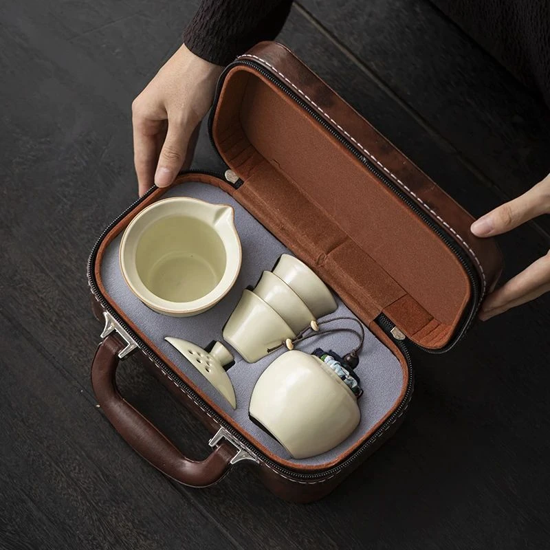 可开片汝窑旅行茶具套装快客杯一壶三杯便携式户外露营车载泡茶壶