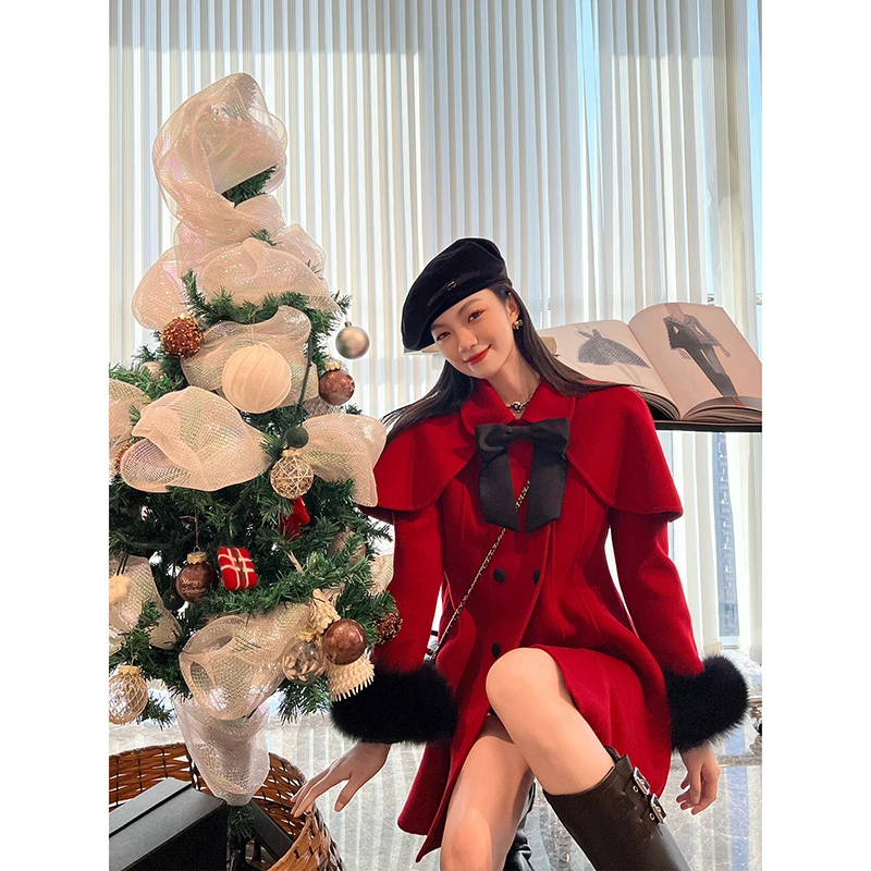 NancyCavally 设计感可拆披肩 时尚多穿毛呢大衣秋冬气质厚外套女