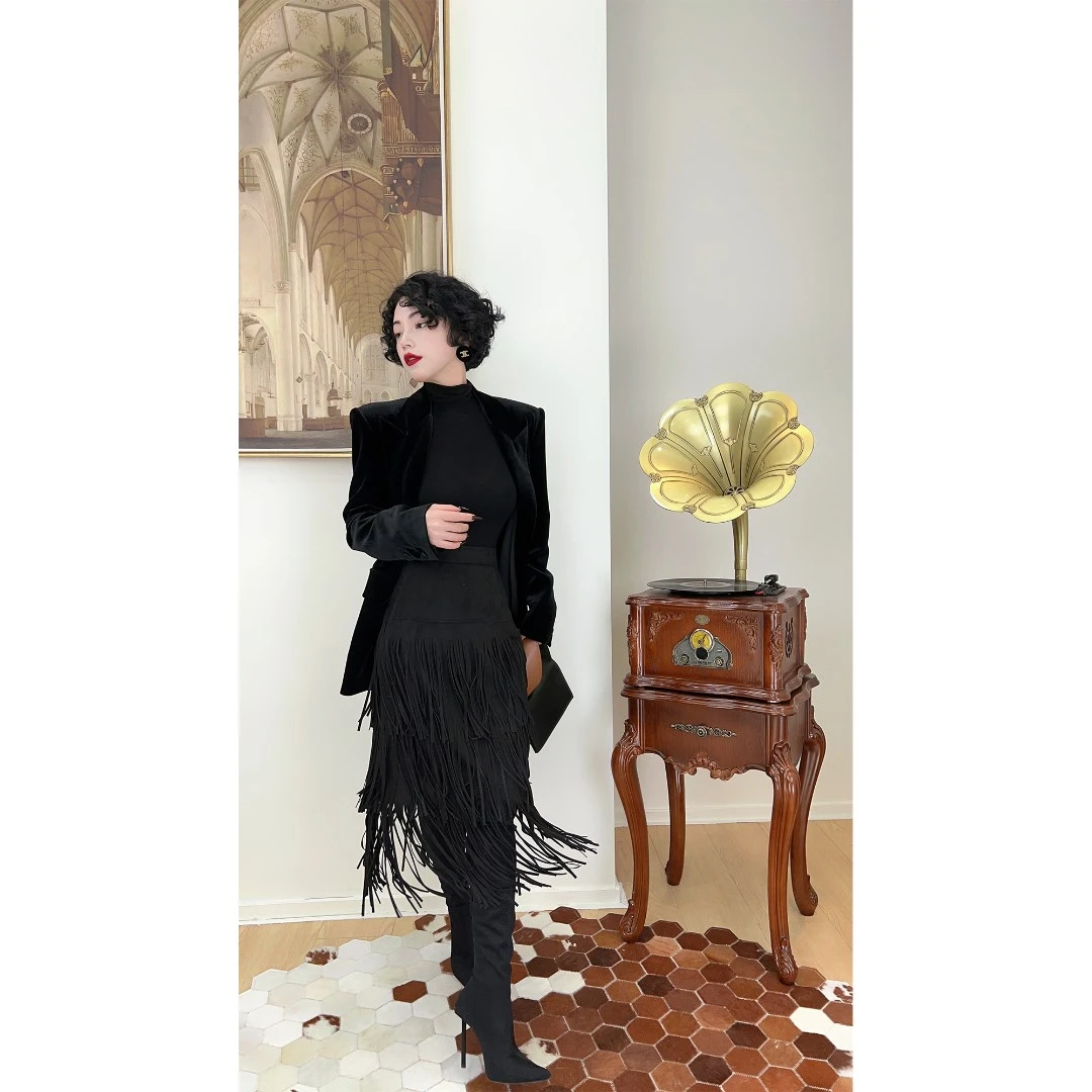 小众设计街拍绒皮流苏半身裙200323