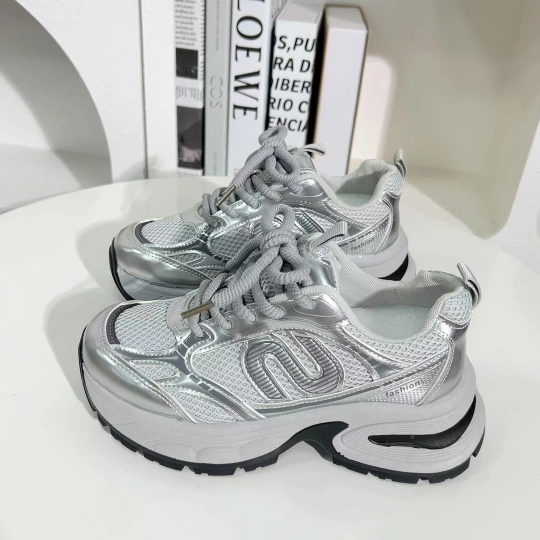 B-85 厚底银色老爹鞋女款2025春季新款小个子增高百搭休闲鞋