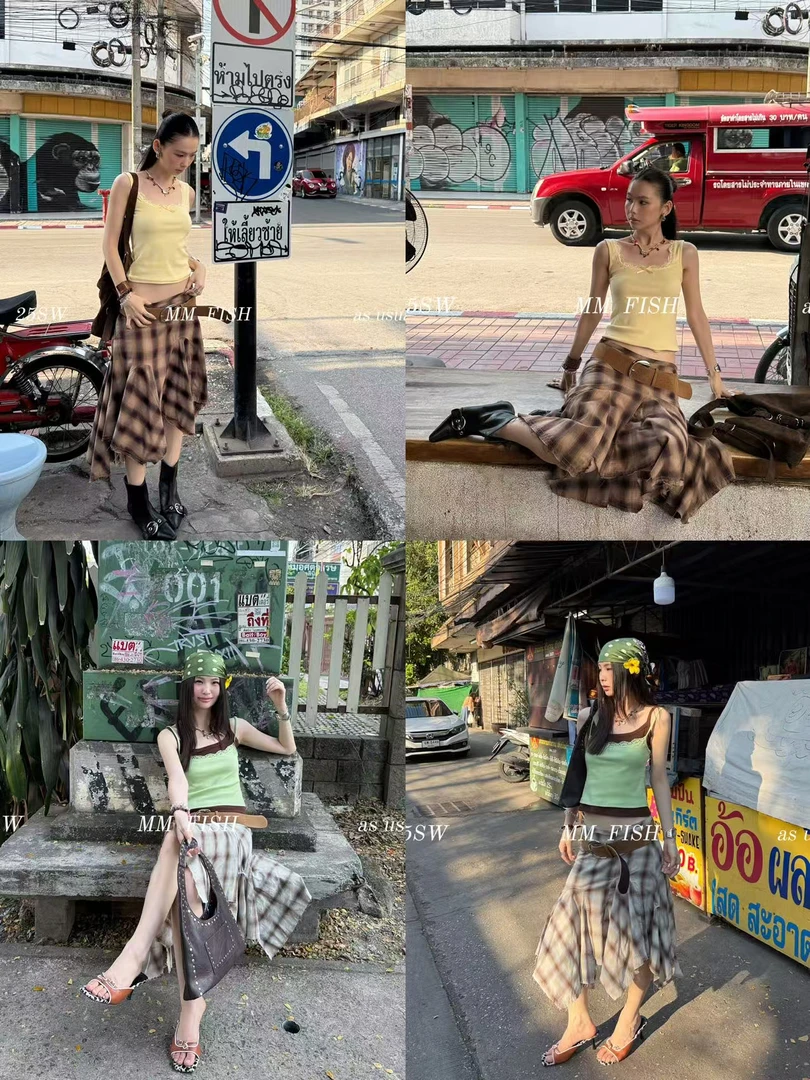 馒头 福（1mtq111#）有个性～不规则下摆格子半身裙7-9