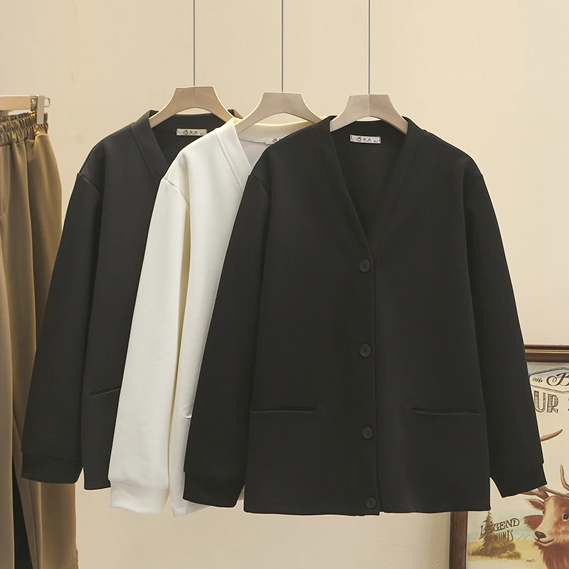 梦冬佳--110-200斤大码女装胖mm春季百搭显瘦简约V领开衫外套上衣