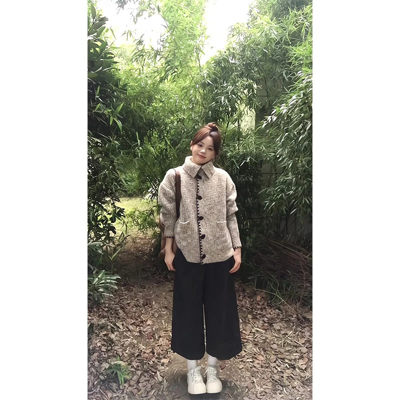 复古缎染杂色高领毛衣2025秋冬季新款宽松保暖针织开衫外套裤子