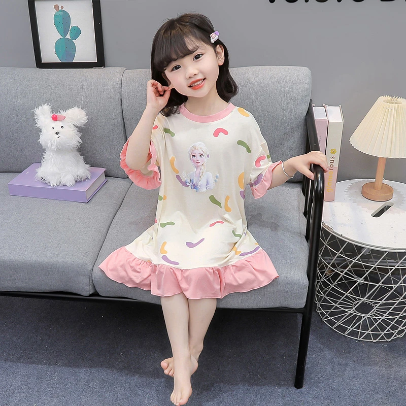 女童睡裙夏季2025新款儿童莫代尔短袖爱莎睡衣女孩宝宝家居服裙子