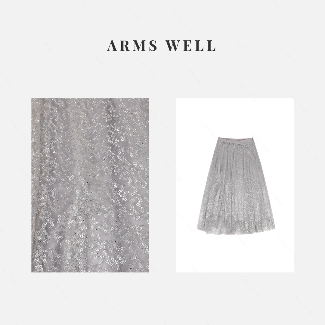ARMS WELL王囡囡 银灰色侧拉链珠片松紧腰半身裙（有内衬）L238