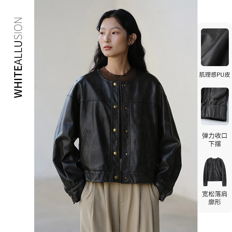素典圆领短款皮衣外套女2025春新款酷飒风黑色机车服皮夹克3304