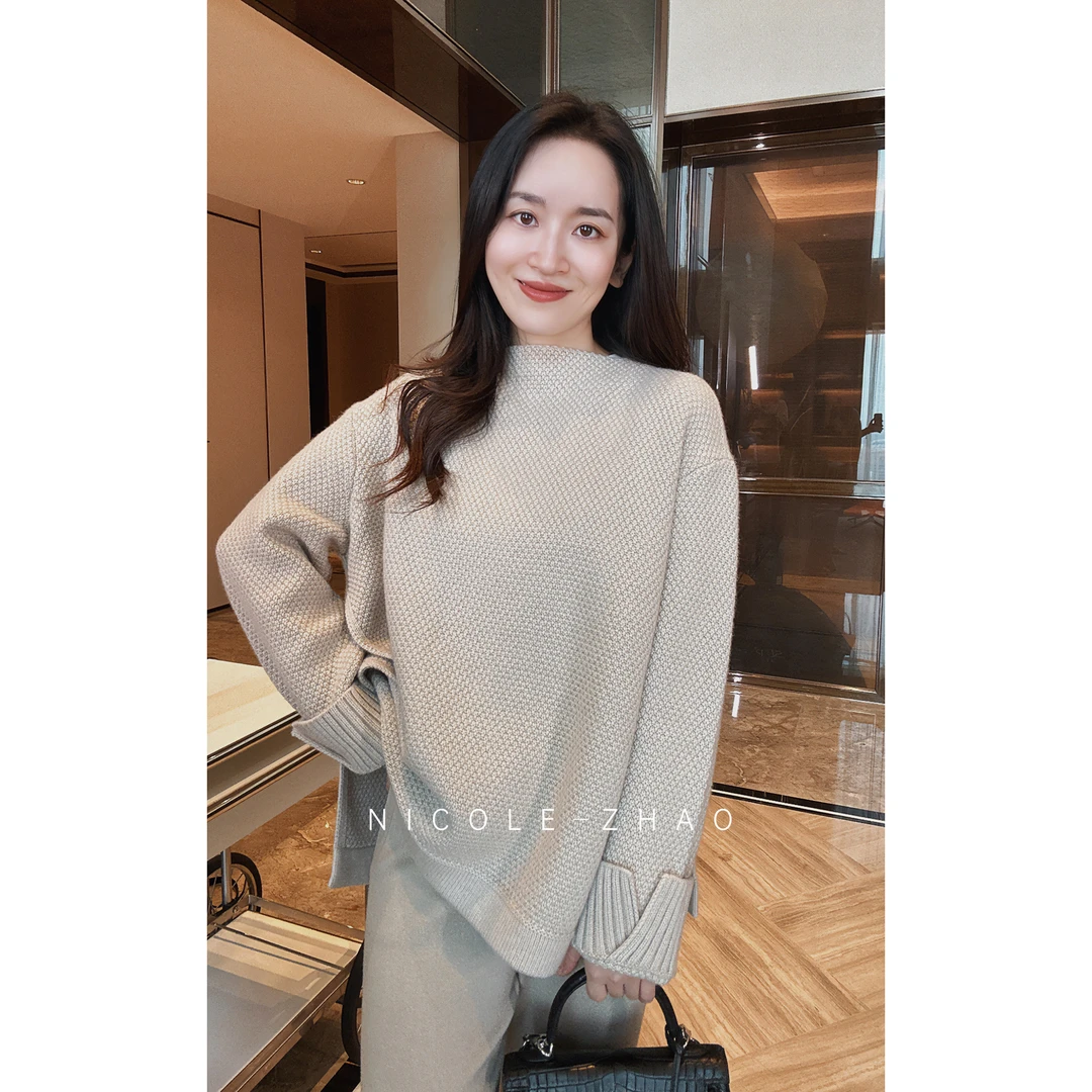 BS0473【贵姐NICOLE】高端设计师款百搭高开叉纯色长袖圆领套衫