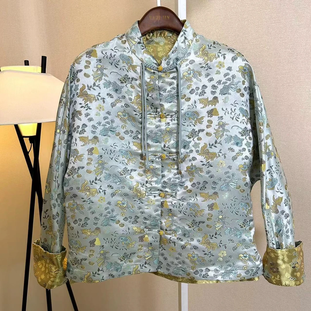 锦丝院【年年有鱼】新中式国风手工扣双面双穿宋锦上衣661156定位
