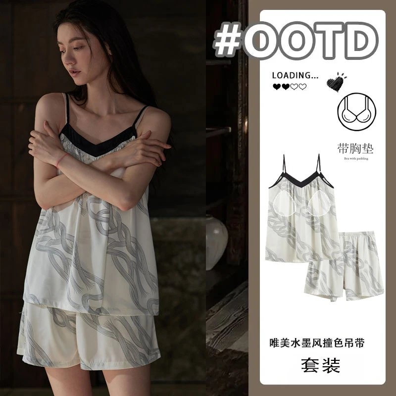 冰丝睡衣女款2025新款吊带睡衣薄款凉感家居服套装夏带胸垫可外穿