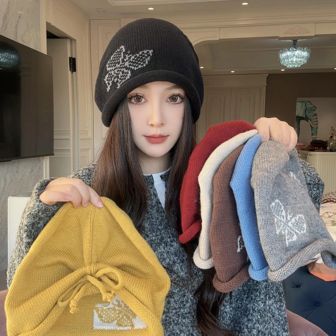 原创蝴蝶卷边堆堆帽护耳保暖帽子显脸小百搭包头帽子女秋冬潮冷帽