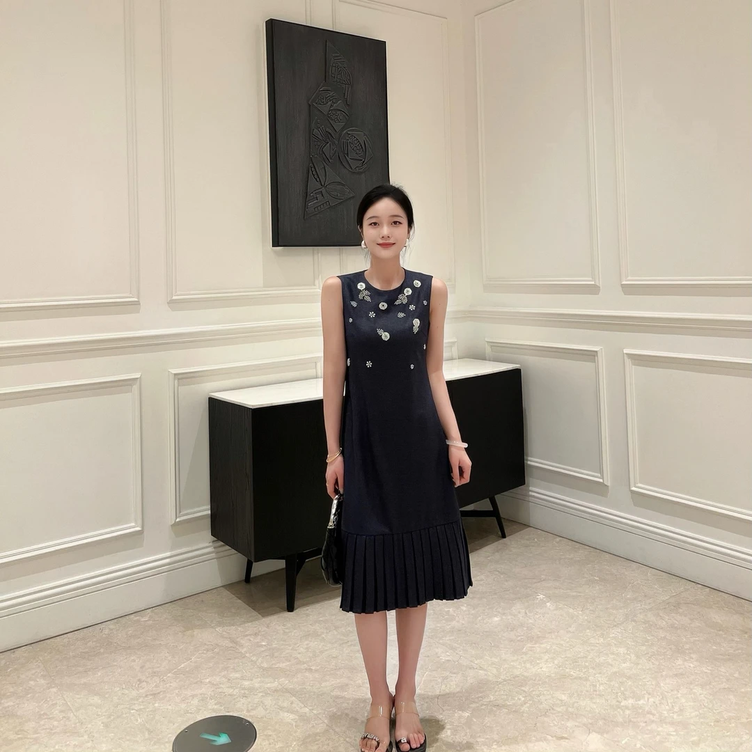 【小小李】套头夏季植物花卉法式圆领连衣裙无袖显瘦裙子裙子秋冬款