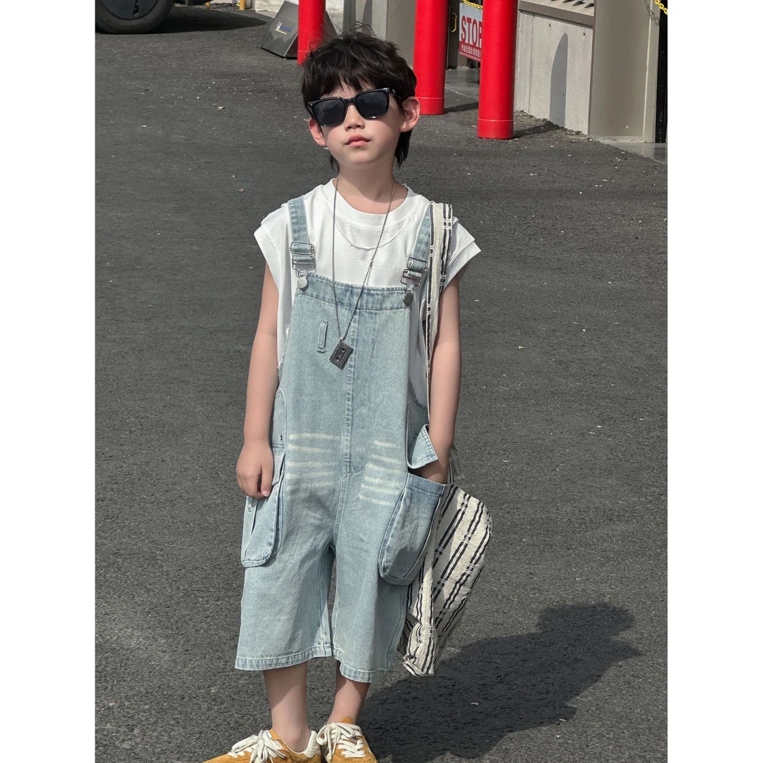 in 爱:qm男童韩版牛仔背带裤儿童时髦薄款背带牛仔裤25181