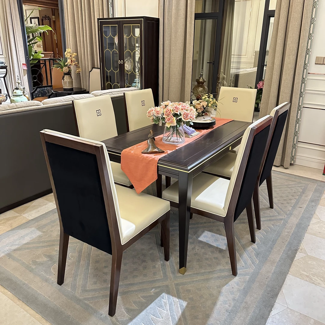 （140*80*76）奥克维尔全原木客厅餐桌椅一桌六椅桃花心-FY2005