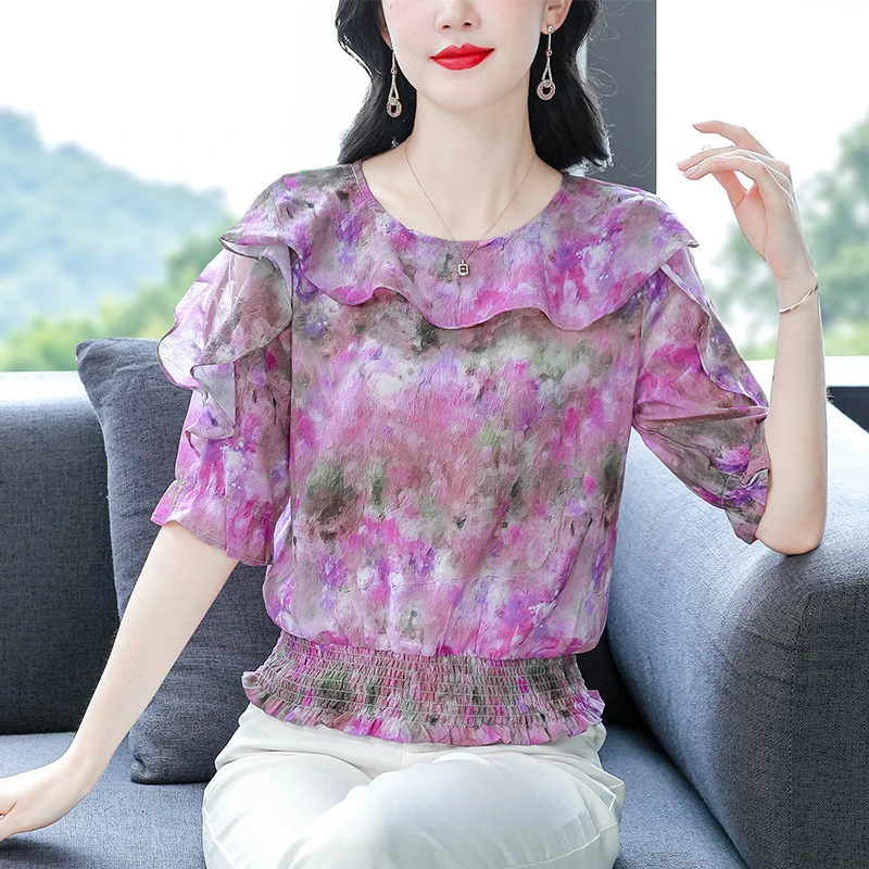 dydd3155时尚甜美印花雪纺衬衫女2025夏季新款百搭五分袖短款上衣