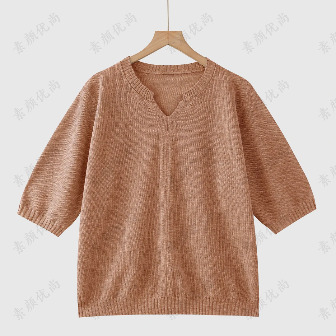 【素颜】2025春季新款百搭色织汉麻V领中袖针织上衣