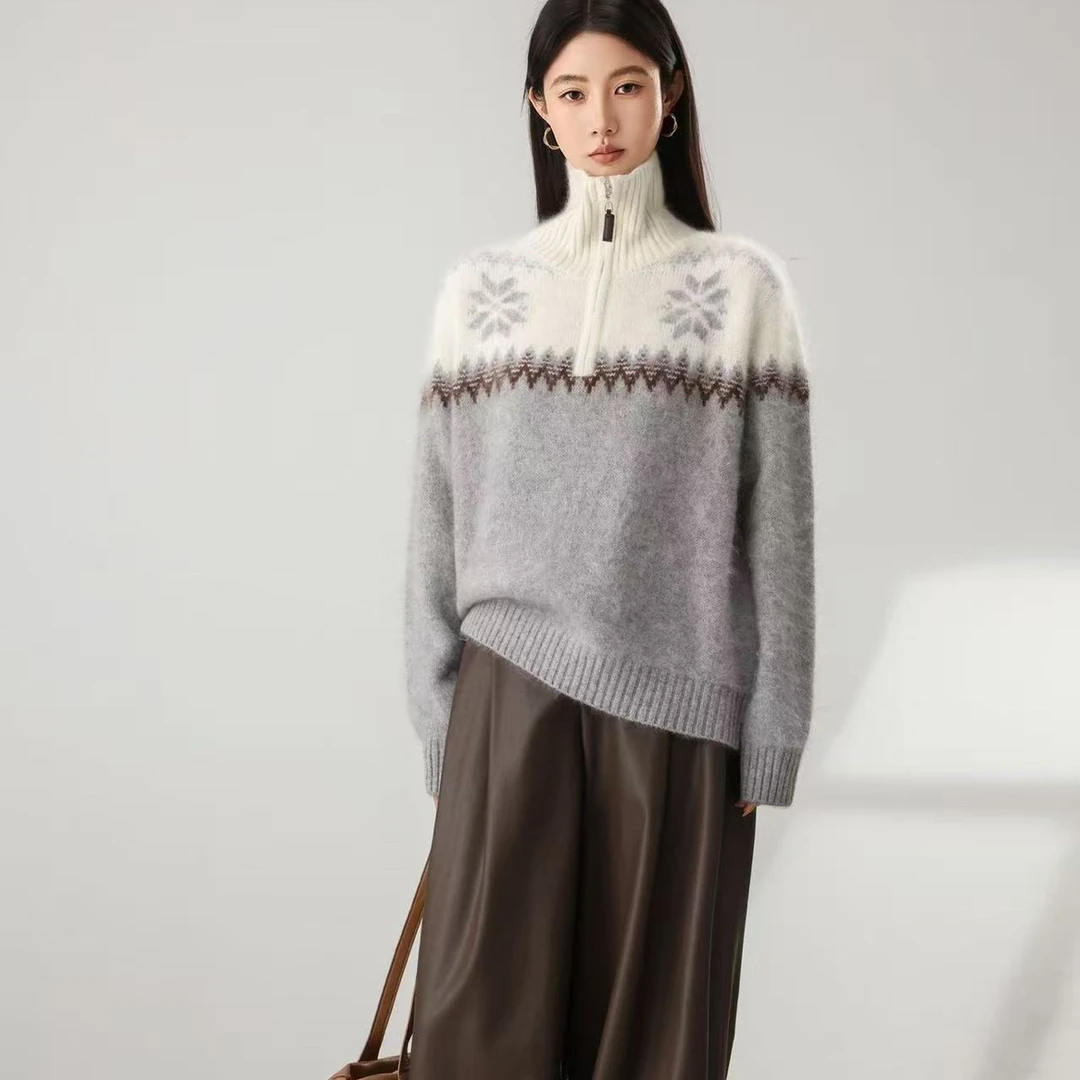 高定秋冬新款费尔岛提花拉链拉绒针织开衫毛衣女7255