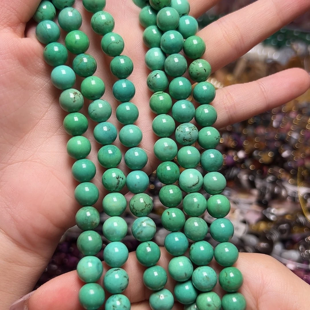 玛瑙/玉髓足银镶嵌珠宝半成品T456。8m原矿绿松石圆珠一条