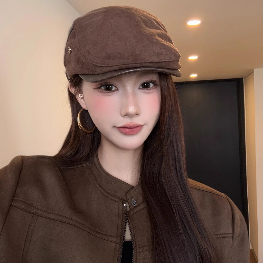 秋冬复古麂皮绒前进帽女日系显脸小贝雷帽百搭文艺报童画家帽子潮