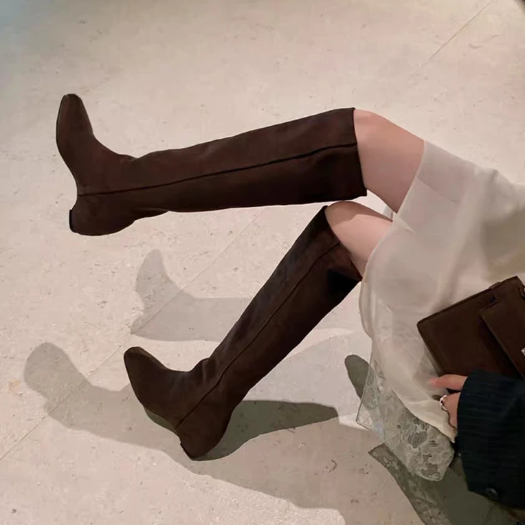 冬季新款时尚法式方头堆堆靴长靴瘦瘦靴高筒靴女靴子百搭韩版007