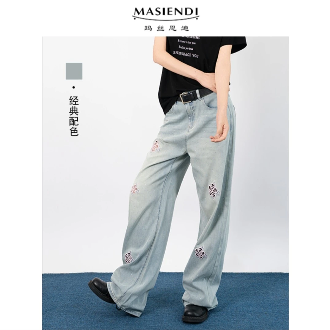 MASIENDI/玛丝恩迪镂空刺绣山茶花直筒牛仔裤130195