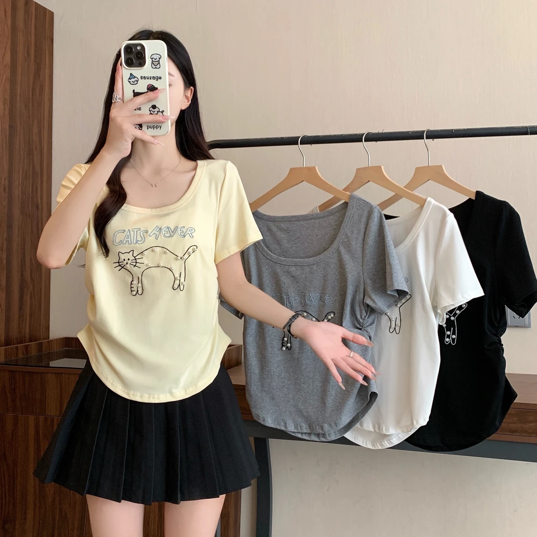 2025大码女装新款设计感小猫刺绣重工钉珠微胖显瘦百搭T恤上衣
