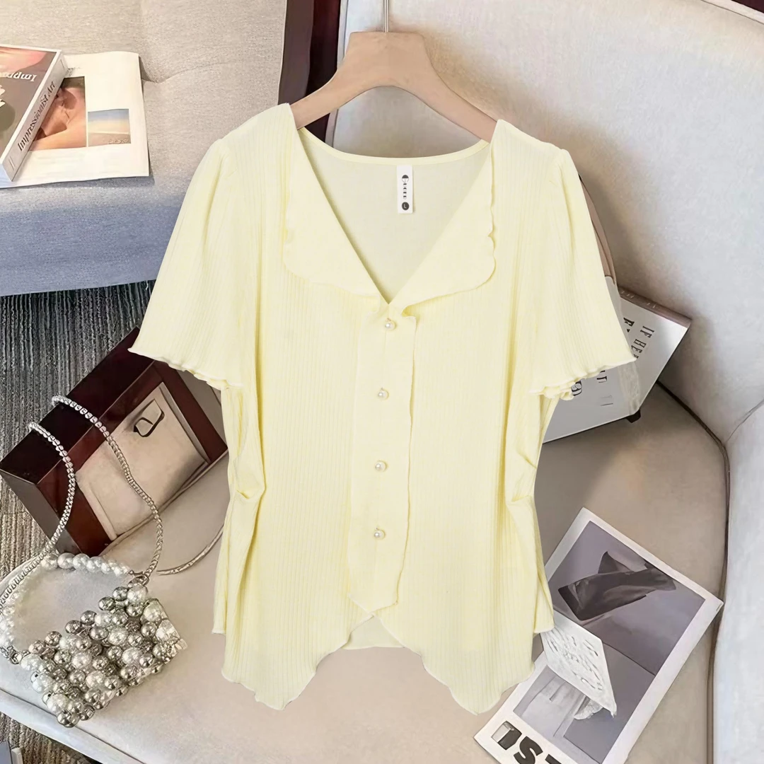 2025夏季新款法式温柔风荷叶边拼接针织衫女小个子百搭显瘦上衣