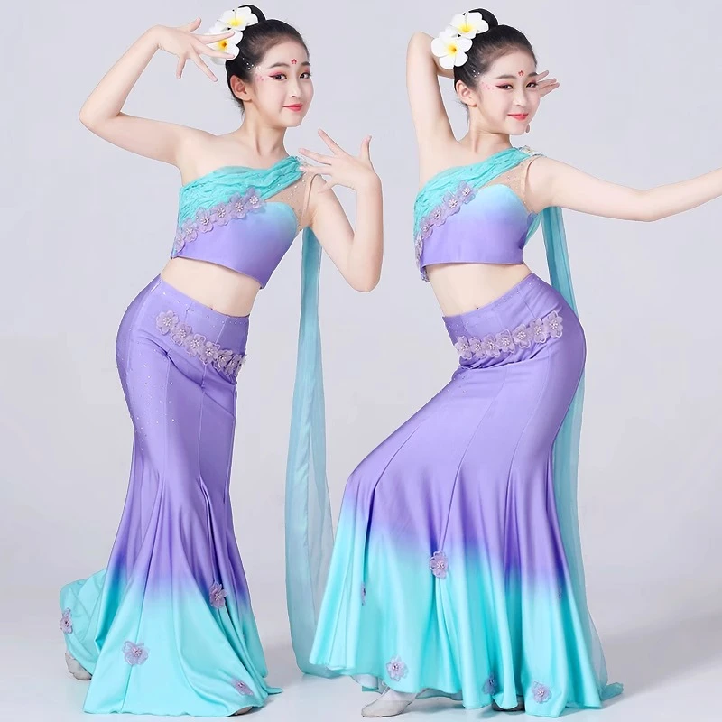 傣族舞蹈演出服装儿童傣族服装女童新款傣舞鱼尾裙练习裙艺考女孩